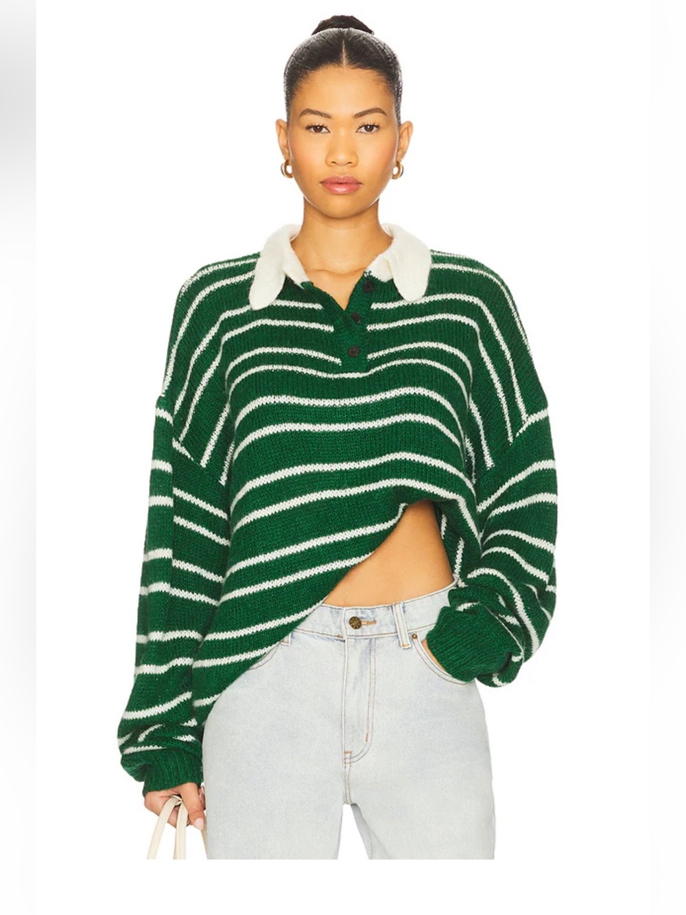 Lioness Striped Green and White Polo Sweater Top with Contrast Collar
